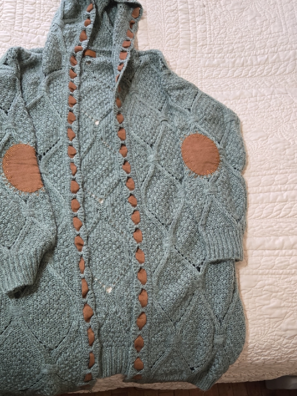 Cozy Cable Knit Hoodie Sweater with Suede Elbow Patches - Sage Green